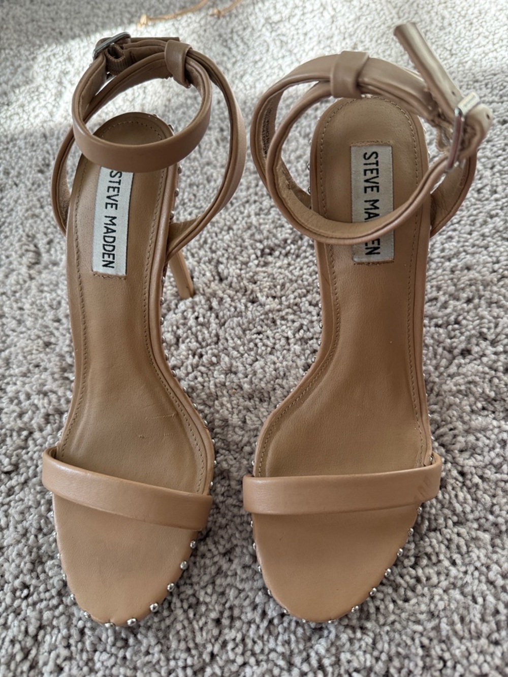 Steve Madden Tan/Nude Ankle-Strap Heels with Stud Accent